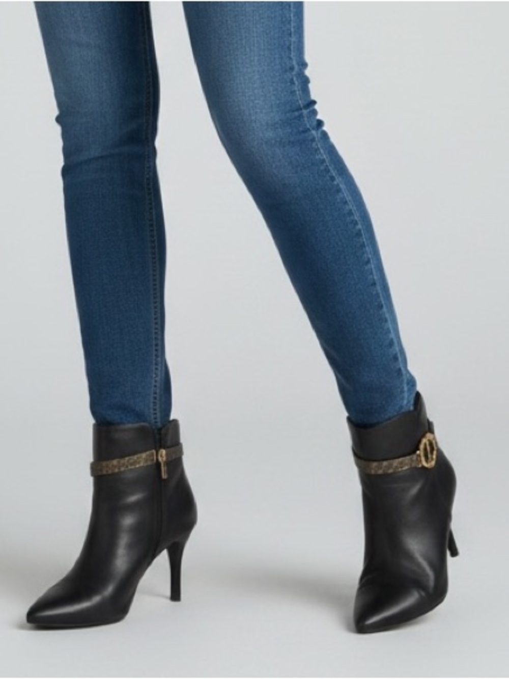 Jones New York Black Pointed Toe Ankle Booties with Gold Ring Accent